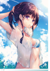 Rule 34 | 1girl, absurdres, ana (rznuscrf), armpit peek, artist request, blue bra, bra, breasts, brown hair, check artist, cloud, cloudy sky, collared shirt, day, hair tie, highres, lace, lace-trimmed bra, lace trim, lens flare, long hair, looking at viewer, medium breasts, mole, mole under eye, mouth hold, navel, open clothes, open shirt, otona no moeoh, outdoors, page number, ponytail, purple eyes, scan, see-through, shirt, short sleeves, sky, solo, stomach, sunlight, tying hair, underwear, upper body, wet, wet clothes, wet shirt, white shirt