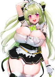 Rule 34 | 1girl, antenna hair, apron, arm up, barcode, belt, black dress, blush, breasts, bursting breasts, button gap, cleavage, commentary, cowboy shot, curvy, dress, eyebrows hidden by hair, garter straps, gloves, goddess of victory: nikke, green hair, green ribbon, hair ornament, hairclip, highres, huge breasts, large breasts, long hair, looking at viewer, maid headdress, mole, mole on breast, open mouth, pink eyes, ribbon, simple background, skindentation, sleeveless, sleeveless dress, smile, soda (nikke), solo, teeth, thick thighs, thigh gap, thighhighs, thighs, tomohiro kai, upper teeth only, very long hair, waist apron, white apron, white dress, white gloves, wide hips