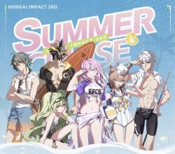 Rule 34 | 3boys, 3girls, black one-piece swimsuit, black shorts, blue background, blue eyes, blue shorts, breasts, buruma, clothes writing, crossed arms, elysia (herrscher of human: ego) (honkai impact), elysia (honkai impact), english text, goggles, goggles on head, hand on own cheek, hand on own face, hand on own forehead, holding, holding surfboard, honkai (series), honkai impact 3rd, hooded shirt, kalpas (honkai impact), kevin kaslana, large breasts, legs, long hair, looking at viewer, mask, mask on head, medium breasts, mobius (honkai impact), multiple boys, multiple girls, official alternate costume, official art, one-piece swimsuit, one eye closed, open clothes, open shirt, pardofelis (honkai impact), pectoral cleavage, pectorals, pink eyes, pink hair, ribbon, see-through, shirt, shorts, sitting, striped clothes, striped one-piece swimsuit, su (honkai impact), sunglasses, surfboard, swimsuit, third-party source, tied shirt, toned, toned male, vertical-striped clothes, vertical-striped one-piece swimsuit, very long hair, white shirt, yellow ribbon