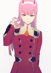 Rule 34 | 10s, 1girl, arm behind back, blunt bangs, darling in the franxx, hand in own hair, military, military uniform, pink hair, simple background, smile, sohin, solo, uniform, v-shaped eyebrows, white background, zero two (darling in the franxx)