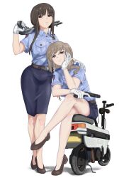 Rule 34 | 2girls, absurdres, bare legs, belt, black belt, black eyes, black footwear, black hair, blue shirt, blue skirt, closed mouth, collared shirt, commentary, cosplay, crossed legs, english commentary, frown, girls und panzer, gloves, gun, half-closed eyes, hand on another&#039;s shoulder, handgun, head rest, highres, holding, holding gun, holding weapon, honda motocompo, huaronanago, mature female, medium skirt, miniskirt, motor vehicle, motorcycle, multiple girls, nishizumi shiho, on vehicle, over shoulder, pencil skirt, police, police uniform, policewoman, pump action, shadow, shimada chiyo, shirt, shoes, short sleeves, shotgun, simple background, sitting, skirt, smile, standing, taiho shichauzo, textless version, uniform, weapon, weapon over shoulder, white background, white gloves
