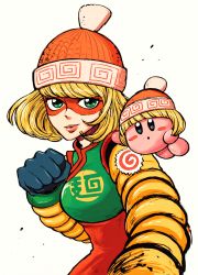 Rule 34 | 1girl, arms (game), beanie, blonde hair, green eyes, hat, highres, kirby, kirby (series), looking at viewer, mask, min min (arms), nintendo, short hair, simple background, smile, white background