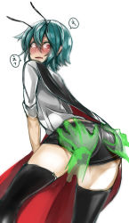 Rule 34 | 1girl, absurdres, aged up, antennae, ass, ass grab, bifrst, black thighhighs, blush, cape, grabbing another&#039;s ass, green hair, groping, highres, looking back, red eyes, short hair, short shorts, shorts, solo focus, tears, thighhighs, touhou, white background, wriggle nightbug