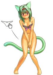Rule 34 | 1girl, animal ears, barefoot, blush, bottomless, bra, bustier, cat ears, cat tail, clothes theft, covering privates, covering crotch, cursor, feet, frown, green hair, hairband, himehajime, lace, lace-trimmed bra, lace trim, lingerie, onono imoko, panties, unworn panties, red eyes, solo, tail, tears, theft, toes, underwear, underwear only, underwear theft, white panties