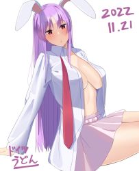 Rule 34 | 1girl, :o, animal ears, blush, breasts, closed mouth, collared shirt, commentary request, dated, doitsuudon, highres, large breasts, long hair, long sleeves, looking at viewer, miniskirt, necktie, no bra, open clothes, open shirt, pink skirt, purple hair, rabbit ears, red eyes, red necktie, reisen udongein inaba, shirt, sidelocks, simple background, skirt, solo, touhou, undone necktie, white background, white shirt, wing collar