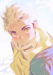 Rule 34 | 1boy, absurdres, blonde hair, blush, child, closed mouth, highres, jacket, looking at viewer, male focus, mane (omedemidori), messy hair, original, scar, scar across eye, scar on face, short hair, simple background, solo, white background, yellow background, yellow eyes, yellow jacket