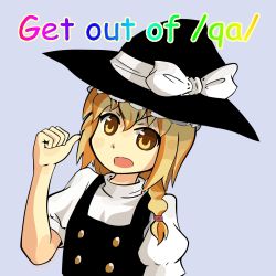 Rule 34 | 1girl, 4chan, black shirt, blonde hair, blouse, blue background, braid, collared shirt, english text, hat, highres, imageboard colors, kirisame marisa, long sleeves, pointing, puffy short sleeves, puffy sleeves, shirt, short sleeves, side braid, solo, touhou, white shirt, witch hat