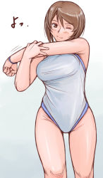 Rule 34 | 00s, 1girl, breasts, brown eyes, brown hair, competition swimsuit, groin, large breasts, leotard, aged up, one-piece swimsuit, one eye closed, rozen maiden, short hair, solo, souseiseki, stretching, swimsuit, tsuda nanafushi, wink, wristband