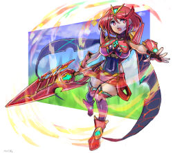 Rule 34 | aegis sword (xenoblade), black gloves, breasts, chest jewel, earrings, fingerless gloves, gem, gloves, headpiece, highres, jewelry, large breasts, oomasa teikoku, pyra (xenoblade), red eyes, red hair, red shorts, red thighhighs, short hair, short shorts, shorts, solo, swept bangs, sword, thighhighs, tiara, weapon, xenoblade chronicles (series), xenoblade chronicles 2