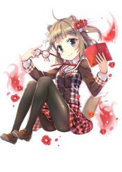 Rule 34 | 1girl, ahoge, animal ears, black pantyhose, blush, book, breasts, brown footwear, brown hair, brown jacket, closed mouth, collared shirt, dog ears, dog girl, dog tail, dress shirt, unworn eyewear, fingernails, flower, hair flower, hair ornament, hair ribbon, head tilt, highres, holding, holding book, holding removed eyewear, jacket, jin young-in, loafers, long sleeves, looking at viewer, official art, open book, original, pantyhose, plaid, plaid skirt, red-framed eyewear, red flower, red skirt, ribbon, shirt, shoes, simple background, skirt, small breasts, smile, solo, tail, two side up, white background, white ribbon, white shirt