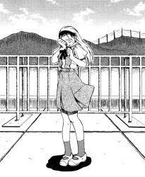 Rule 34 | 1girl, arm up, choppy bangs, cloud, cross, cross earrings, crying, earrings, greyscale, hair ornament, hairband, hand up, jewelry, long hair, marie vincennes, monochrome, mountain, mountainous horizon, neck ribbon, neon genesis evangelion, non-web source, official art, on roof, power lines, railing, ribbon, rooftop, school uniform, shirt, shoes, short sleeves, skirt, sky, socks, solo, standing, suspender skirt, suspenders, tears, the nerv white paper, tokyo-3 middle school uniform, transmission tower, wiping tears