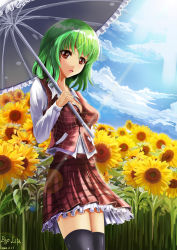 Rule 34 | 1girl, :&gt;, absurdres, artist name, bad id, bad pixiv id, black thighhighs, blurry, breasts, cleavage, cloud, dated, day, depth of field, dress shirt, female focus, flower, green hair, highres, kazami yuuka, leaf, lens flare, lita (keyboard000), long sleeves, looking at viewer, medium breasts, open mouth, parasol, petticoat, plaid, plaid skirt, plaid vest, red eyes, shirt, short hair, skirt, sky, solo, sunflower, thighhighs, tongue, touhou, umbrella, vest