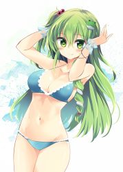 Rule 34 | 1girl, bare arms, bare shoulders, bikini, blue bikini, blush, breasts, cleavage, collarbone, commentary request, cowboy shot, frog hair ornament, green eyes, green hair, hair between eyes, hair bobbles, hair ornament, hands up, highres, kochiya sanae, long hair, looking at viewer, maturiuta sorato, medium breasts, navel, see-through, smile, snake hair ornament, solo, standing, star-shaped pupils, star (symbol), swimsuit, symbol-shaped pupils, thighs, touhou, very long hair, white background, wrist cuffs