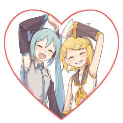 Rule 34 | 2girls, arm up, blonde hair, blue hair, blush, closed eyes, collared shirt, detached sleeves, flipped hair, grin, hair ornament, hairclip, hatsune miku, headphones, heart, heart arms duo, highres, kagamine rin, long hair, long sleeves, m0ti, multiple girls, neckerchief, necktie, open mouth, sailor collar, shirt, short hair, sleeveless, sleeveless shirt, smile, twintails, upper body, vocaloid