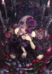 Rule 34 | 1girl, bare shoulders, black bow, black dress, blueberry, bow, breasts, candle, commentary request, criss-cross halter, dress, fire, flower, flower over eye, food, food request, fork, from above, fruit, grey hair, hair bow, halterneck, hand up, highres, knife, long hair, looking at viewer, looking up, mini person, minigirl, missile228, nail polish, on finger, original, plate, purple eyes, purple flower, purple nails, purple rose, rose, small breasts, solo, tongue, tongue out, very long hair