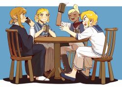 Rule 34 | 2boys, 2girls, blonde hair, blush, braid, brown hair, crown braid, cup, dark-skinned female, dark skin, drinking, dual persona, highres, in-franchise crossover, japanese clothes, link, looking at another, mug, multiple boys, multiple girls, nintendo, open mouth, pointy ears, ponytail, princess zelda, sailor collar, senzo6700, short ponytail, smile, tetra, the legend of zelda, the legend of zelda: tears of the kingdom, the legend of zelda: the wind waker, toon link