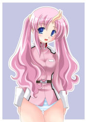 Rule 34 | 00s, 1girl, blue eyes, blue panties, blush, bottomless, cosplay, gundam, gundam seed, hair ornament, lacus clyne (cosplay), long hair, military, military uniform, no pants, panties, pink hair, solo, standing, stipes, striped clothes, striped panties, thigh gap, thighs, twintails, underwear, uniform