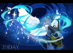 Rule 34 | + +, 1girl, 39, :d, ajimita, aqua hair, artist name, backlighting, blue theme, character name, cowboy shot, dark, dated, detached sleeves, fingernails, guitar, hatsune miku, headset, instrument, letterboxed, light particles, long hair, looking to the side, music, musical note, open mouth, playing instrument, quaver, skirt, smile, solo, thighhighs, twintails, very long hair, vocaloid, zettai ryouiki