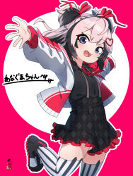 Rule 34 | 1girl, absurdres, argyle, argyle clothes, argyle skirt, black footwear, black hair, black shirt, black skirt, blue eyes, blush, boots, commentary, commission, fangs, frilled skirt, frills, hair ornament, hair ribbon, heart, heart hair ornament, highres, jacket, kuro kosyou, long sleeves, looking at viewer, multicolored hair, open clothes, open jacket, open mouth, outstretched arms, pink hair, pleated skirt, puffy long sleeves, puffy sleeves, purple background, red ribbon, ribbon, shirt, skeb commission, skirt, solo, standing, standing on one leg, streaked hair, striped clothes, striped thighhighs, thighhighs, thighhighs under boots, translation request, two-tone background, two side up, vertical-striped clothes, vertical-striped thighhighs, virtual youtuber, white background, white jacket