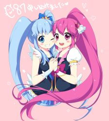 Rule 34 | 10s, 2girls, :d, aino megumi, blue eyes, blue hair, blush, bow, cheek-to-cheek, clenched teeth, crown, cure lovely, cure princess, holding hands, happinesscharge precure!, heads together, kuune rin, long hair, magical girl, multiple girls, one eye closed, open mouth, pink bow, pink eyes, pink hair, ponytail, precure, shirayuki hime, smile, teeth, twintails, very long hair, wide ponytail