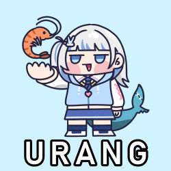 Rule 34 | 1girl, aqua background, arkonion, blue eyes, blue hair, blue hoodie, blue skirt, blunt bangs, blush stickers, chibi, commentary, ebi-chan (gawr gura), fins, fish tail, gawr gura, gawr gura (school uniform), hashtag-only commentary, hololive, hololive english, hood, hood down, hoodie, indonesian text, jitome, multicolored hair, one side up, outstretched arm, shark tail, shrimp, simple background, skirt, solo, standing, streaked hair, symbol-only commentary, tail, triangle mouth, virtual youtuber, white hair