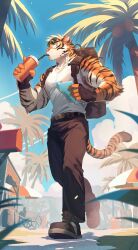 Rule 34 | 1boy, absurdres, backpack, bag, blue sky, brown footwear, brown pants, coconut tree, copyright request, cup, disposable cup, eyewear on head, furry, furry male, highres, holding, holding paper, looking at viewer, madaato (psgw3383), male focus, muscular, muscular male, open sign, outdoors, palm tree, pants, paper, personification, sky, solo, tail, tank top, tiger, tiger tail, tree, umbrella, white tank top