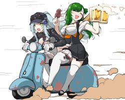 Rule 34 | 2girls, absurdres, alcohol, alternate costume, alternate hairstyle, apron, baseball cap, beer, beer mug, black bodysuit, black footwear, black hat, black skirt, blush, bodysuit, breasts, cleavage, closed eyes, collarbone, cross hair ornament, crossed bangs, cup, dress, driving, facial mark, facial tattoo, food, frilled sleeves, frills, full body, g28 (beer ranch) (girls&#039; frontline), g28 (girls&#039; frontline), girls&#039; frontline, girls&#039; frontline 2: exilium, gloves, gradient hair, green eyes, green hair, grey hair, hair between eyes, hair ornament, hair over shoulder, hat, headgear, high heels, highres, hk416 (girls&#039; frontline), holding, holding cup, holding food, holding ice cream, ice cream, large breasts, light blush, long hair, medium breasts, motor vehicle, mug, multicolored bodysuit, multicolored clothes, multicolored hair, multiple girls, official alternate costume, on scooter, one side up, open mouth, outdoors, pale skin, parted bangs, pleated skirt, ponytail, puffy short sleeves, puffy sleeves, scooter, shirt, short sleeves, side ponytail, sidelocks, skirt, sweat, sweatdrop, tattoo, teardrop, teardrop facial mark, teardrop tattoo, very long hair, vest, waistcoat, white bodysuit, white footwear, white gloves, white hair, white shirt, white skirt, yanagui yugi