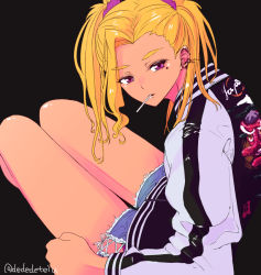 Rule 34 | 1girl, :o, alternate hairstyle, amamiya elena, asymmetrical bangs, bare legs, black background, blonde hair, clenched hand, close-up, coat, commentary request, dark-skinned female, dark skin, dededeteiu, delinquent, ear piercing, earrings, from above, in mouth, jewelry, long hair, looking back, mole, mole under eye, open mouth, perspective, piercing, precure, purple eyes, shiny skin, short shorts, shorts, sitting, solo, star twinkle precure, tengu print, twintails, twitter username, zipper