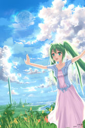Rule 34 | 10s, 1girl, 2014, bad id, bad pixiv id, cloud, day, dress, full moon, green eyes, green hair, hatsune miku, highres, long hair, matching hair/eyes, moon, outstretched arms, sky, solo, spread arms, twintails, vocaloid, yuuko-san