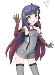Rule 34 | 1girl, absurdres, bismarck (kancolle), black hair, blue hairband, brown gloves, cowboy shot, dated, detached sleeves, dress, flat chest, gloves, gradient hair, green eyes, grey dress, grey thighhighs, hairband, highres, kantai collection, long hair, looking at viewer, maru (marg0613), matsuwa (kancolle), military, military uniform, multicolored hair, one-hour drawing challenge, purple hair, simple background, solo, thighhighs, twitter username, uniform, waving, white background