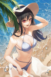 Rule 34 | 1girl, arm up, bare arms, bare shoulders, beach, bikini, black hair, blue bikini, blurry, breasts, cleavage, collarbone, commentary, depth of field, hand in own hair, hat, highres, long hair, lower teeth only, navel, ocean, open mouth, original, palm leaf, paran, red eyes, sarong, small breasts, smile, solo, standing, stomach, sun hat, swimsuit, symbol-only commentary, teeth, water drop
