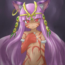Rule 34 | 1girl, animal ears, animal hands, armlet, bastet (p&amp;d), bodypaint, cat ears, cat paws, collarbone, covering breasts, covering privates, dark-skinned female, dark skin, earrings, egyptian, facial mark, fang, flat chest, gekka no aibyoushin bastet, groin, hand on own chest, headpiece, hoop earrings, ichigoya (mazikayu), jewelry, light smile, long hair, looking at viewer, lots of jewelry, mazikayu, naked paint, navel, nude, open mouth, out-of-frame censoring, purple hair, puzzle &amp; dragons, red eyes, single earring, solo, very long hair
