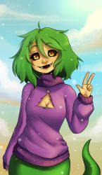 Rule 34 | 1girl, ahoge, black sclera, breasts, buttingston, christmas, cleavage, cleavage cutout, clothing cutout, cloud, colored sclera, cowboy shot, fangs, green hair, hair between eyes, highres, khimera destroy all monster girls, lamia, long sleeves, looking at viewer, meme attire, monster girl, open-chest sweater, open mouth, purple sweater, scales, serpantina, short hair, sky, slit pupils, smile, snow, solo, sweater, third-party source, turtleneck, turtleneck sweater, yellow eyes