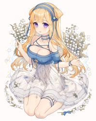 Rule 34 | 1girl, absurdres, alternate costume, bare shoulders, blonde hair, blue hairband, blush, breasts, choker, cleavage, collarbone, double bun, dress, fletcher (kancolle), flower, frilled dress, frills, hair bun, hair ornament, hairband, highres, holding, holding flower, jewelry, kantai collection, large breasts, long hair, looking at viewer, malachite, necklace, off shoulder, purple eyes, short sleeves, sitting, smile, solo, star (symbol), star hair ornament, striped, thigh strap, very long hair, wariza, white dress