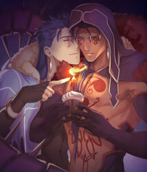 Rule 34 | 2boys, absurdres, bare pectorals, black gloves, blue hair, chest tattoo, cu chulainn (caster) (fate), cu chulainn (fate), cu chulainn alter (fate), cupcake, dual persona, earrings, elbow gloves, facial tattoo, fate/grand order, fate (series), fingerless gloves, fire, food, gloves, gravesecrets, hand on another&#039;s back, highres, holding, holding food, hood, jewelry, large pectorals, long hair, multiple boys, muscular, muscular male, parted lips, pectorals, pointing, red eyes, smile, stomach tattoo, tan, tattoo, yaoi