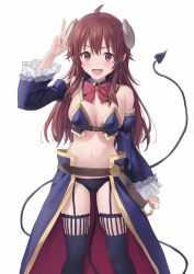 Rule 34 | 1girl, :d, ahoge, arm up, bare shoulders, belt, bikini, bikini bottom only, black bikini, black thighhighs, bow, bowtie, breasts, brown hair, cleavage, demon girl, demon horns, demon tail, detached collar, detached sleeves, fang, frilled sleeves, frills, garter straps, gold trim, highres, horns, large breasts, long hair, long sleeves, looking at viewer, machikado mazoku, midriff, mikazuchi zeus, navel, open mouth, red eyes, revealing clothes, smile, solo, standing, stomach, swimsuit, tail, tail raised, thighhighs, thighs, v, waist cape, yoshida yuuko (machikado mazoku)