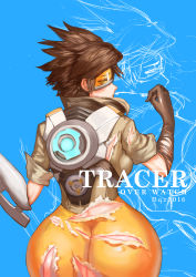 Rule 34 | 1girl, absurdres, ass, bad id, bad pixiv id, bodysuit, bosonn, brown eyes, brown hair, butt crack, gloves, goggles, highres, looking at viewer, overwatch, overwatch 1, short hair, solo, spiked hair, torn clothes, tracer (overwatch)