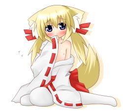 Rule 34 | androgynous, animal ears, bad id, bad pixiv id, blonde hair, blue eyes, blush, covering face, covering own mouth, covering privates, detached sleeves, dress, flat chest, fox ears, fox tail, gender request, hair ribbon, japanese clothes, koyomi (shinshia), miko, nipples, off shoulder, open clothes, open dress, original, pantyhose, ribbon, shinshia, sitting, solo, tail, twintails, white background, white pantyhose