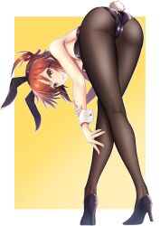 1girl animal_ears ass bent_over border breasts brown_hair bunny_day cleavage commentary_request etou_kanami fake_animal_ears fake_tail fishnet_pantyhose fishnets high_heels highres leotard looking_at_viewer medium_breasts okaka_factory outside_border pantyhose playboy_bunny purple_footwear purple_leotard rabbit_ears rabbit_tail short_hair smile solo standing strapless strapless_leotard tail toji_no_miko white_border wrist_cuffs yellow_background yellow_eyes