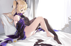 Rule 34 | 1girl, absurdres, bare shoulders, barefoot, bed, bed sheet, black ribbon, black thighhighs, blonde hair, closed mouth, commentary request, detached sleeves, fischl (genshin impact), genshin impact, green eyes, hair ribbon, highres, kikimi, legs, unworn legwear, long hair, on bed, pillow, ribbon, sitting, solo, thighhighs, thighs, two side up
