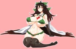 Rule 34 | 1girl, bikini, black gloves, black thighhighs, breasts, brown hair, cape, covered erect nipples, elbow gloves, female focus, full body, gloves, green bikini, hair ornament, hair ribbon, highres, large breasts, long hair, looking at viewer, navel, pandain, red eyes, reiuji utsuho, ribbon, simple background, sitting, solo, swimsuit, thighhighs, touhou, wariza, wide hips