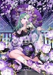 Rule 34 | 1girl, bare shoulders, barefoot, black bow, black kimono, bow, breasts, breasts apart, collarbone, ear piercing, falling petals, floral print kimono, flower, flower request, gem, green hair, hair bow, hair flower, hair ornament, handrail, haori, highres, holding, holding umbrella, japanese clothes, kimono, large breasts, long hair, looking at viewer, mole, mole on breast, nardack, obi, off shoulder, official art, oil-paper umbrella, parted lips, pearl (gemstone), petals, piercing, purple eyes, purple flower, purple nails, purple sash, purple umbrella, sample watermark, sash, solo, toes, umbrella, virtual youtuber, vspo!, watermark, white flower, yakumo beni