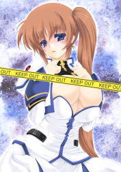 Rule 34 | 00s, 1girl, blue eyes, blush, breasts, breasts out, brown hair, censored, censored nipples, frapowa, large breasts, long hair, lyrical nanoha, magical girl, mahou shoujo lyrical nanoha strikers, open clothes, side ponytail, solo, takamachi nanoha, takamachi nanoha (exceed mode), tape censor