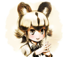 Rule 34 | 10s, 1girl, :d, african wild dog (kemono friends), animal ears, beige background, black bow, black bowtie, bow, bowtie, brown hair, commentary request, dog ears, dog girl, eyelashes, interlocked fingers, kemono friends, looking at viewer, multicolored hair, open mouth, platinum blonde hair, short hair, smile, solo, stealstitaniums, translation request, two-tone hair, upper body