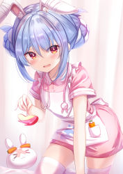 Rule 34 | 1girl, all fours, alternate costume, animal ear fluff, animal ears, apple rabbit, apron, arm support, bandaged ear, blue eyes, commentary request, double bun, dress, food, food art, hair between eyes, hair bun, hand up, highres, holding, holding food, hololive, looking at viewer, multicolored hair, pekomon (usada pekora), open mouth, pink dress, rabbit-shaped pupils, rabbit ears, red eyes, short eyebrows, short hair, short sleeves, sidelocks, smile, stethoscope, streaked hair, symbol-shaped pupils, teeth, thick eyebrows, thighhighs, upper teeth only, usada pekora, virtual youtuber, white apron, white hair, white thighhighs, yuano