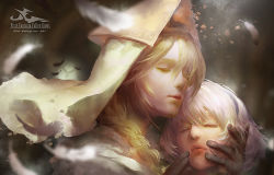 Rule 34 | 1girl, blonde hair, blurry, braid, colored eyelashes, copyright name, depth of field, eyelashes, closed eyes, feathers, hair between eyes, hand on another&#039;s face, hat, holding, lips, lost elle, parted lips, pixiv fantasia, pixiv fantasia fallen kings, realistic, side braid, silver hair