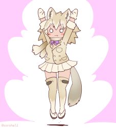 Rule 34 | 1girl, animal ears, arms up, bow, bowtie, coroha, extra ears, full body, gloves, grey hair, jacket, jumping, kemono friends, kemono friends 3, long hair, looking at viewer, pink background, shoes, simple background, skirt, solo, tail, thighhighs, tundra wolf (kemono friends), wolf ears, wolf girl, wolf tail