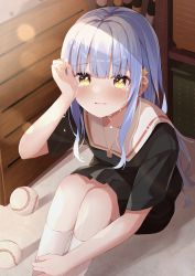 Rule 34 | 1girl, absurdres, akagikou, baseball, black dress, blue hair, commentary request, crying, crying with eyes open, dress, feet out of frame, gym storeroom, hair ornament, hand up, highres, huge filesize, indoors, long hair, looking at viewer, original, parted lips, sailor collar, sailor dress, short sleeves, sitting, socks, solo, star (symbol), star hair ornament, tears, vaulting horse, very long hair, wavy mouth, white sailor collar, white socks, yellow eyes