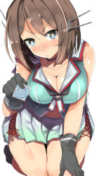 Rule 34 | 10s, 1girl, aqua skirt, black gloves, blue eyes, blush, breasts, brown hair, choker, cleavage, collarbone, commentary request, condom, cowboy shot, crop top, from above, gloves, hair ornament, hairclip, hand on own knee, headgear, heart, heart-shaped pupils, kantai collection, kneeling, looking at viewer, maya (kancolle), maya kai ni (kancolle), medium breasts, midriff, open mouth, osuman toruko, pleated skirt, school uniform, short hair, simple background, skirt, solo, symbol-shaped pupils, white background, x hair ornament