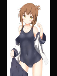 Rule 34 | 10s, 1girl, bad id, bad pixiv id, brown eyes, brown hair, folded ponytail, highres, inazuma (kancolle), kantai collection, long hair, numpopo, school swimsuit, school uniform, serafuku, shirt, simple background, skirt, skirt around one leg, smile, solo, swimsuit, swimsuit under clothes, undressing